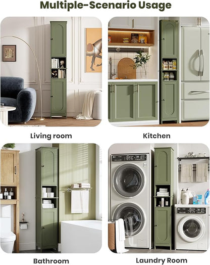 HAIOOU 67" Tall Bathroom Storage Cabinet with Light,11.8"W Narrow Bathroom Cabinet with Adjustable Glass Shelves,Slim Freestanding Cabinet for Small Spaces,Skinny Cabinet for Kitchen,Living Room Green