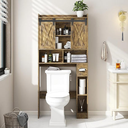 Vabches Over The Toilet Storage Cabinet with Sliding Doors, Rustic Brown | Farmhouse Storage Cabinet Over Toilet, Home Space-Saving Toilet Rack, Toilet Paper Holder Stand,for Restroom,Bathroom,Laundry
