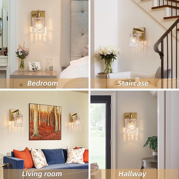 1 Light Brushed Gold Bathroom Vanity Light Over Mirror, Modern Vanity Lighting with Crystal Glass Shade, Wall Mount Bathroom Light Fixtures, E26 Base