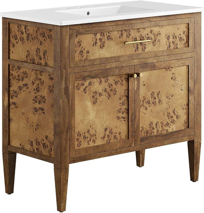 Modway Elysian 36" Burl Wood Bathroom Vanity in White Brown with Ceramic Sink Basin