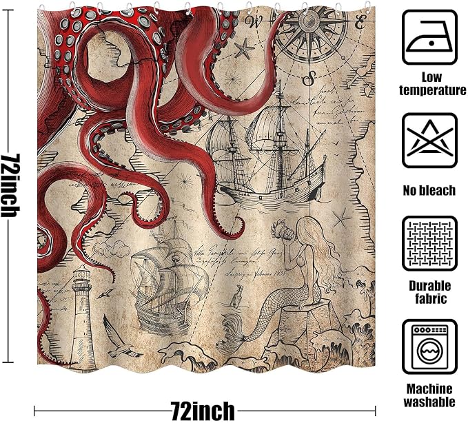 Fungarth Vintage Red Nautical Octopus Shower Curtain Mermaid Funny Ocean Kraken Shower Curtains for Bathroom Cool Anchor Coastal Map Waterproof Fabric Bath Curtain Decor with Hooks (Retro1, 72” x 72”)