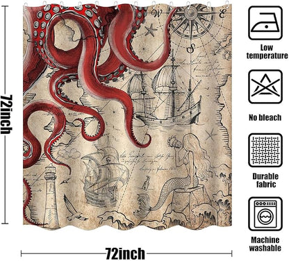 Fungarth Vintage Red Nautical Octopus Shower Curtain Mermaid Funny Ocean Kraken Shower Curtains for Bathroom Cool Anchor Coastal Map Waterproof Fabric Bath Curtain Decor with Hooks (Retro1, 72” x 72”)