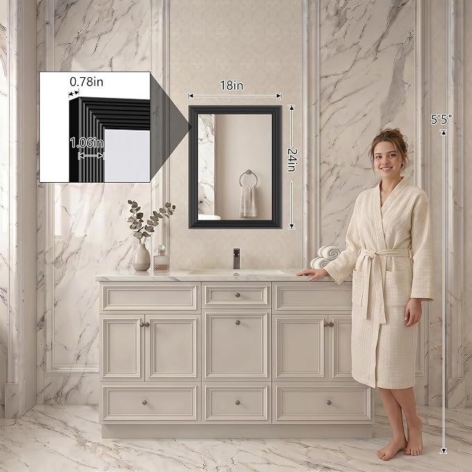 DESBING 18x24 inch Black Bathroom Mirror,Bevelled Edge Black Mirror with Ribbed Texture-Modern Rectangle Bathroom Wall Mirror for Vanity, Tempered Glass,Hangs Horizontally or Vertically