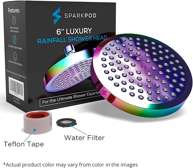 SparkPod Rain Shower Head, 6 Inch Round, Radiant Rainbow Finish | High Pressure Shower Heads, 90 Nozzles, Adjustable Showerhead, No Tools Needed, Universal Connection