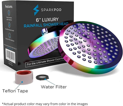 SparkPod Rain Shower Head, 6 Inch Round, Radiant Rainbow Finish | High Pressure Shower Heads, 90 Nozzles, Adjustable Showerhead, No Tools Needed, Universal Connection