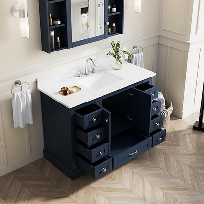 WELLFOR 48" Bathroom Vanity with Sink, Bathroom Freestanding Vanity W/ 2 Soft-Close Doors and 9 Soft-Close Drawers, Bathroom Cabinet Vanity with Cultured Marble Countertop (Navy Blue)