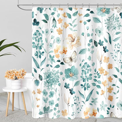 Teal Floral Shower Curtain 60x72, Cute Turquoise Flower Fabric Shower Curtains for Bathroom, Wildflower Butterfly Cloth Shower Curtain Set with Hooks