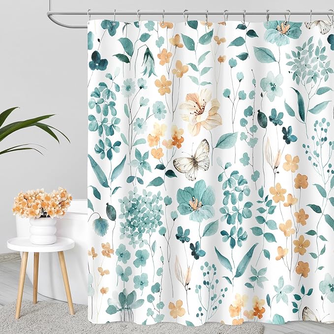 Long Shower Curtain 72 x 78 Inch, Tall Teal Floral Shower Curtains for Bathroom, Turquoise Watercolor Flower Butterfly Fabric Shower Curtain Set with Hooks
