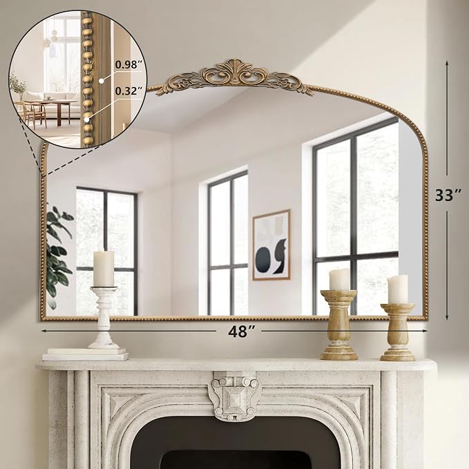 Micasso Large Vintage Gold Mirror: 48"x33" Baroque Antique Wall Mirror | Traditional Ornate French Decorative Arched Mirror for Bedroom/Bathroom/Fireplace/Entryway/Hallway/Living Room/Dining Room