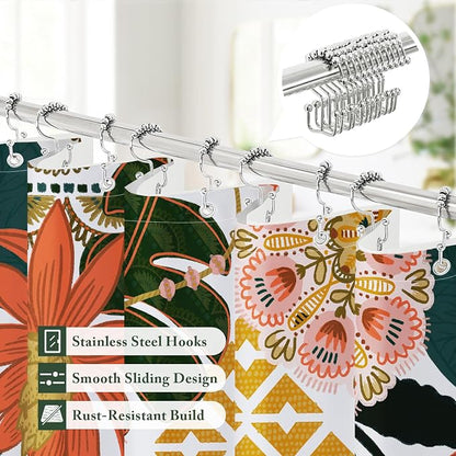 3 in 1 Pink Floral Shower Curtain Set with PEVA Liner & 12 Hooks, 36 x 72 | Boho Tropical Botanical Style, Farmhouse Floral Fabric, Modern Hotel Inspired, Water‑Repellent, Machine Washable
