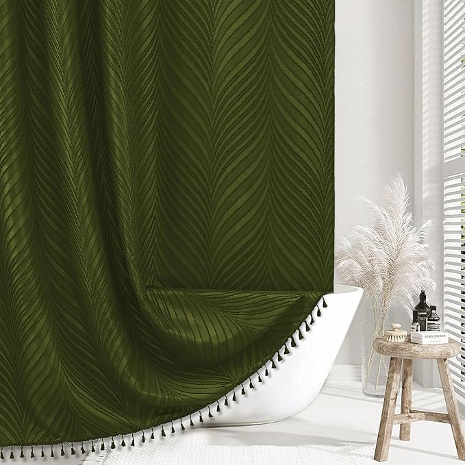 Extra Long Olive Green Boho Woven Fabric Cute 84 Inch Shower Curtain, 72 x 84 Tufted Leaves Textured Striped Modern Farmhouse Minimalist Cloth Shower Curtain for Bathroom