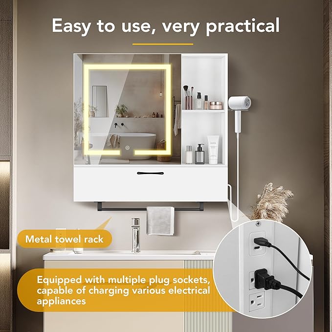 LED Lighting with Socket and USB Bathroom Medicine Mirror Cabinet,Color Changing Anti Fog Light Strip,Equipped with Hair Dryer Rack and Towel Rack,Embedded or Wall Mounted,White