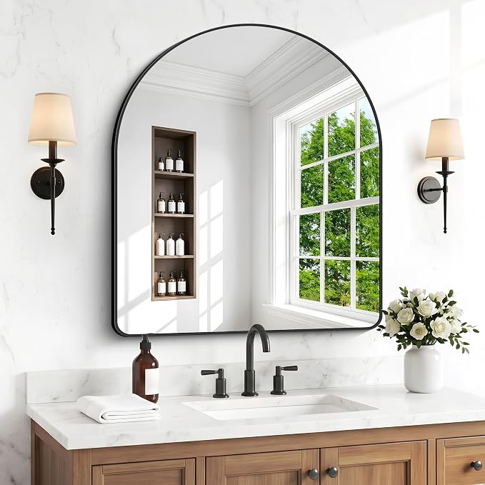 BONEWEI Arched Wall Mirror,36x40 inch Black Arched Mirror Bathroom,Vanity Mirror for Over Sink Metal Frame,Tempered Glass Arch Mirrors for Bedroom,Entryway,Living Room,Home Decor Shatter-Proof