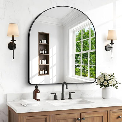 BONEWEI Arched Wall Mirror,36x40 inch Black Arched Mirror Bathroom,Vanity Mirror for Over Sink Metal Frame,Tempered Glass Arch Mirrors for Bedroom,Entryway,Living Room,Home Decor Shatter-Proof