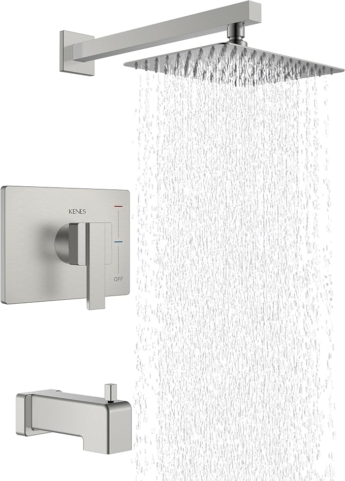 KENES Brushed Nickel Shower Set with Tub Faucet, Tub and Shower Trim Kit | Shower Faucet with 10-Inch Rain Shower Head, Square Shower System, Valve Included, Lead-Free cUPC & NSF Certified, Stainless