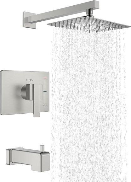 KENES Brushed Nickel Shower Set with Tub Faucet, Tub and Shower Trim Kit | Shower Faucet with 10-Inch Rain Shower Head, Square Shower System, Valve Included, Lead-Free cUPC & NSF Certified, Stainless