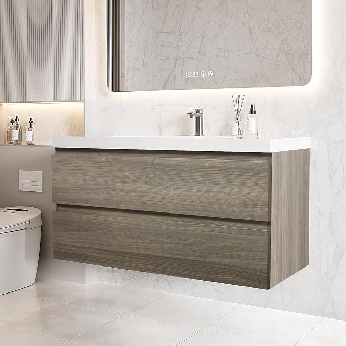 42 Inch Floating Bathroom Vanity with Sink, Large Storage Wall Mounted Floating Vanity with Soft Close Drawers, One-Piece Basin Bathroom Sink Cabinet (Ash Grey, 42 Inch)