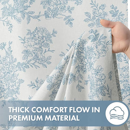 Extra Long Blue Floral Shower Curtain W72*L84 Inches Long | Linen Textured Fabric, 12 Rustproof Metal Hooks, Wrinkle Resistant Cloth, Machine Washable, Bathroom Decor for Cottage Core