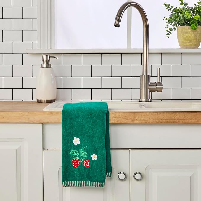 SKL Home Strawberry Vine Hand Towel Set-2pc, 100% Cotton, Green | Soft & decorative velour with embroidery. For use in the bathroom, kitchen, bar or any sink space.