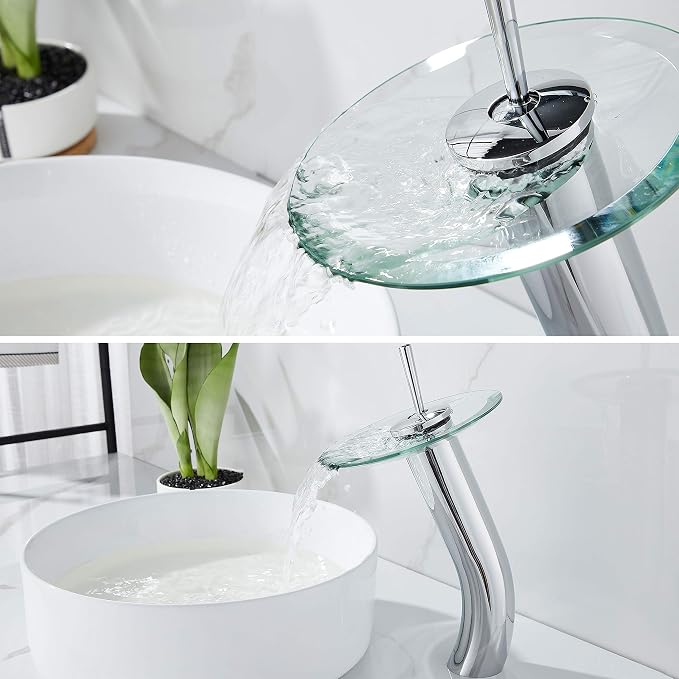 Waterfall Bathroom Faucet Glass Single Handle Solid Brass Basin Lavatory Vessel Sink Vanity Faucet, Tall, Polished Chrome …