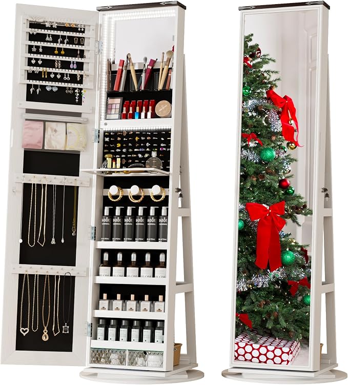 61" LED Mirror Jewelry Cabinet, 360° Rotating Jewelry Armoire with Full Length Mirror, Lockable Standing Jewelry Organizer with 2 Drawers, Interior Makeup Mirror, White