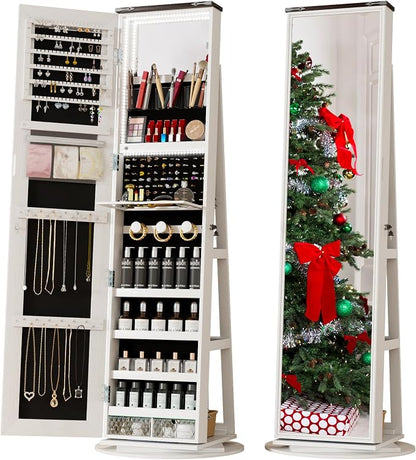 61" LED Mirror Jewelry Cabinet, 360° Rotating Jewelry Armoire with Full Length Mirror, Lockable Standing Jewelry Organizer with 2 Drawers, Interior Makeup Mirror, White