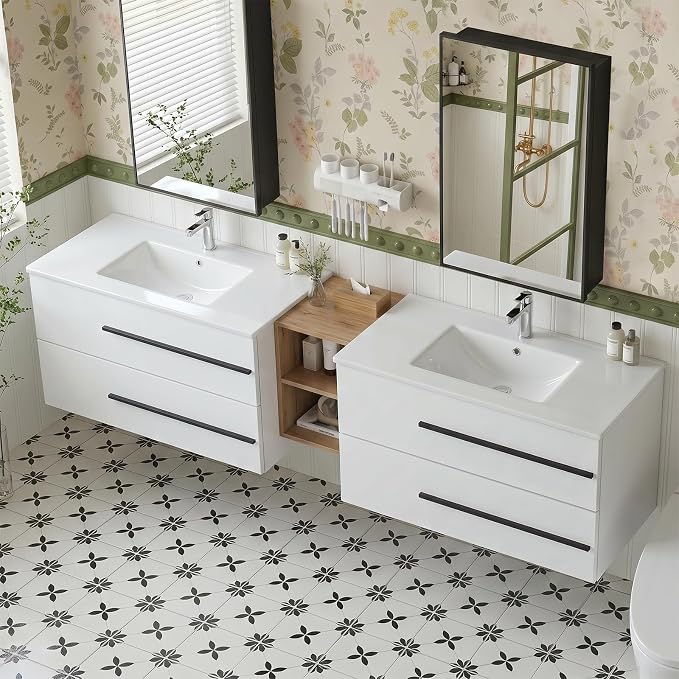 84 Inch Floating Double Sink Bathroom Vanity, Modern Bathroom Vanity with Double Sink, Painted Surface Wall Mounted Bathroom Cabinet with Large Storage Drawers,White&Natural