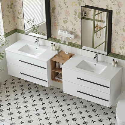 84 Inch Floating Double Sink Bathroom Vanity, Modern Bathroom Vanity with Double Sink, Painted Surface Wall Mounted Bathroom Cabinet with Large Storage Drawers,White&Natural