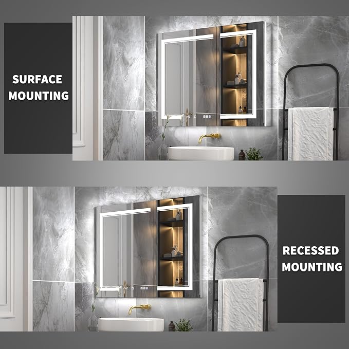 40x32-Inch Lighted Medicine Cabinet with Mirror,Removable 10X Magnificer | Clock,1800W Outlet,Soft-Closed,Front&Backlit,Anti-Fog,Dimmable&Tunable,Sensor LED,Recessed/Surface,Adjustable Shelves