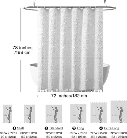 Extra Long White Textured Woven Fabric Boho Shower Curtain with Tassels 72 x 78 Modern Farmhouse Minimalist, Tufted Chevron Striped Shabby Chic, Water Resistant Cloth Curtain for Bathroom, Hotel Decor
