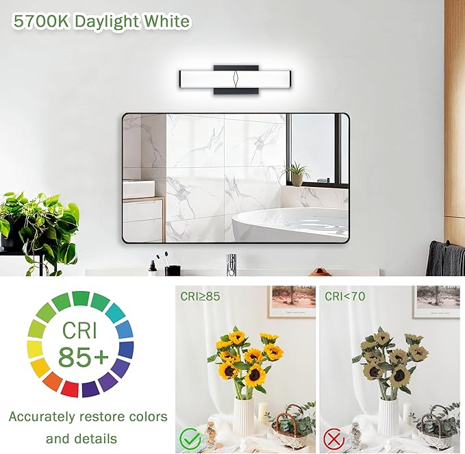 16 Inch Bathroom Vanity Light 2000LM, 5700K Daylight White Modern Bathroom Light Dimmable, AC 120V 20W Matte Black LED Vanity Lighting Fixtures Wall Sconce ETL Certified, 2Pack
