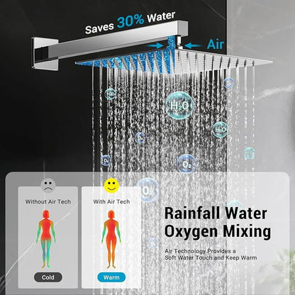 10" Square Rain Shower Faucet Set, Wall Mount, Chrome | 304 SS, air tech boosts pressure 50%, dual spray, anti-fingerprint