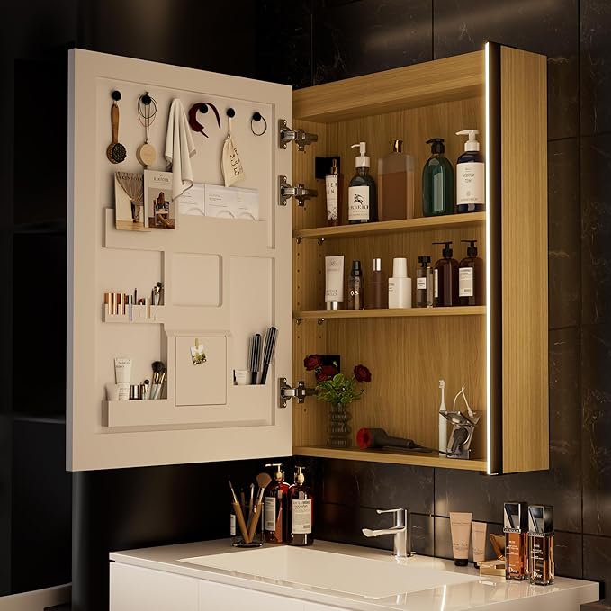 28x20 LED Lighted Bathroom Medicine Mirror Cabinet with Sockets & USBs, Anti-Fog Dimmable Light and Color Adjustment, Easy to Install, Moisture-Resistant Wood, Oak