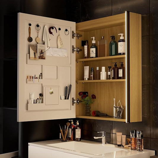 28x20 LED Lighted Bathroom Medicine Mirror Cabinet with Sockets & USBs, Anti-Fog Dimmable Light and Color Adjustment, Easy to Install, Moisture-Resistant Wood, Oak