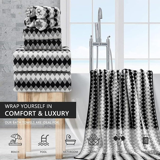 8 Piece Bathroom Towel Set Black White|2 Oversized Large Bath Towels Sheet,2 Hand Towels,4 Washcloths| 600GSM Soft Towel Set for Bathroom Hotel,Highly Absorbent Quick Dry Bath Towel Collections