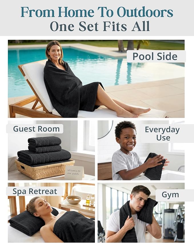 Casa Platino Towel Set Soft Absorbent Quick Dry 100% Cotton - Black | Towels And Washcloths Sets - Lightweight & Breathable, Fade-Resistant Color, Classic Terry Weave, Densely Woven