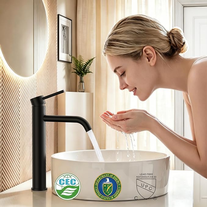FORIOUS Vessel Sink Faucets Single Handle, Black Tall Bathroom Faucet | for 1 Hole Vessel Sink Only, Modern Faucet with Pop up Drain, for Basin Bowl Vanity Lavatory Residential/Commercial Use