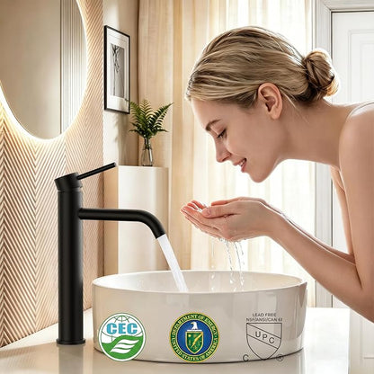 FORIOUS Vessel Sink Faucets Single Handle, Black Tall Bathroom Faucet | for 1 Hole Vessel Sink Only, Modern Faucet with Pop up Drain, for Basin Bowl Vanity Lavatory Residential/Commercial Use