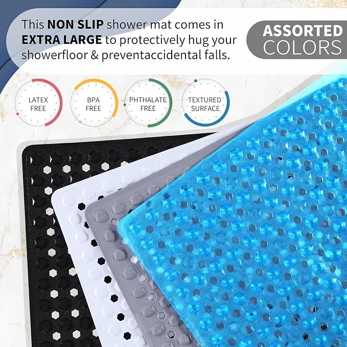 Yimobra Square Shower Floor Mat Non Slip, 21"X21" Machine Washable Bath Tub Mat, Soft on Feet, Bathmat with Drain Holes and Suction Cups, Fast Draining, Black