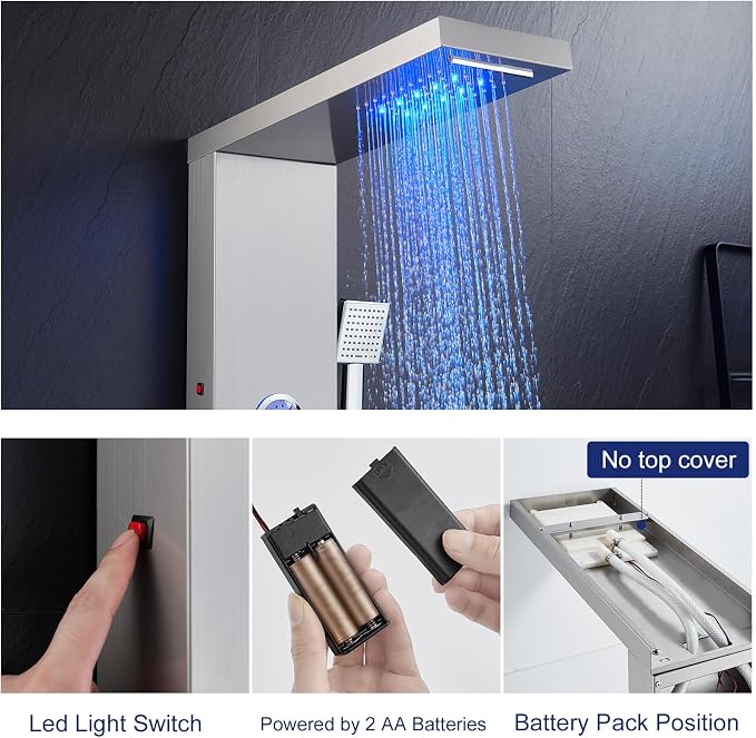 ROVATE 6-in-1 LED Rainfall Waterfall Shower Panel Tower System, Brushed | High Pressure Stainless Steel Shower Column with Tub Spout, 2-Setting Body Jets and Flexible Handheld, Water Flow Adjustable