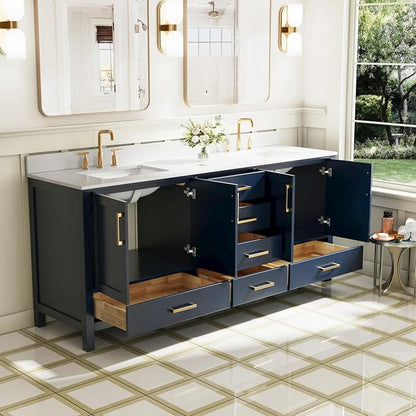 80-Inch Bathroom Vanity with Sink, 4 Soft-Close Doors and 6 Soft-Close Drawers, Bathroom Freestanding Vanity with Cultured Marble Countertop, Navy Blue Vanity W/Gold Handles
