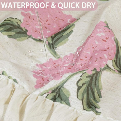 ORTIGIA Linen Textured Ruffle Shower Curtain with Metal Hooks, Vintage Pink Hydrangea Floral Boho Waterproof Bath Curtain for Rustic Farmhouse Bathroom Decor 72x72 Inch