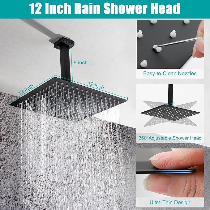 SKOWLL Shower Faucet Set Digital Display, 12 Inch Ceiling Mount Rainfall Shower Head with Handheld Combo, Matte Black Shower Head and Handle Set with Valve