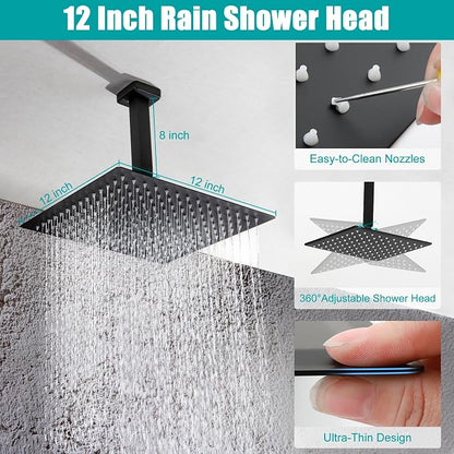 SKOWLL Shower Faucet Set Digital Display, 12 Inch Ceiling Mount Rainfall Shower Head with Handheld Combo, Matte Black Shower Head and Handle Set with Valve