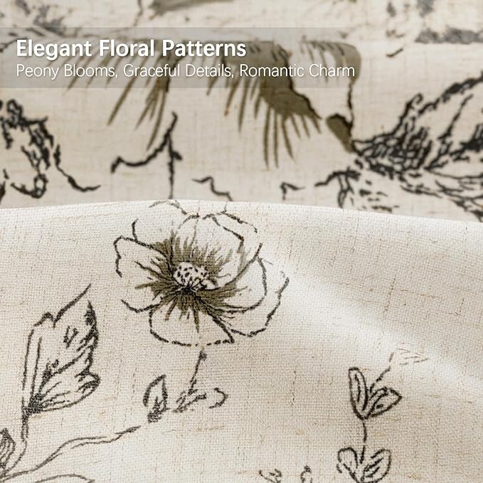 Farmhouse Floral Linen Shower Curtain, Vintage Black Pattern Rustic Shower Curtains for Bathroom, Tan Taupe,72x78