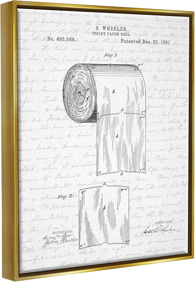 Vintage Patent Bathroom, 16 x 20 Inch Canvas in Floater Frame | Stupell Industries · By Lettered and Lined · Ready to hang · Great for bath and laundry decor · Made in USA