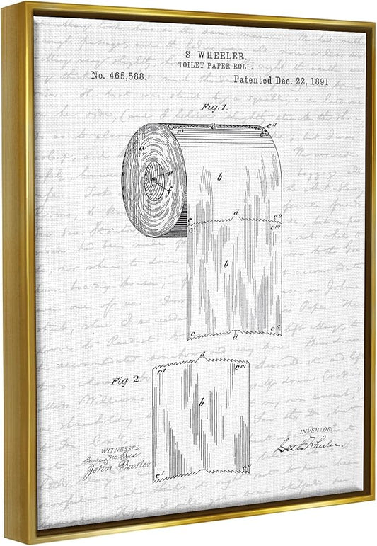 Vintage Patent Bathroom, 16 x 20 Inch Canvas in Floater Frame | Stupell Industries · By Lettered and Lined · Ready to hang · Great for bath and laundry decor · Made in USA