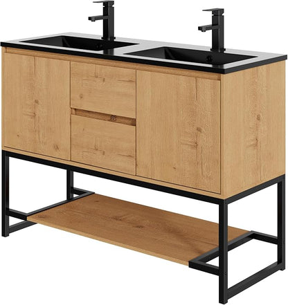 LUCKWIND 48" Modern Bathroom Vanity with Dual Black Sink Combo, Freestanding Storage Cabinet with Metal Frame, Water-Saving Faucet and Open Shelf and 2 Soft-Closing Door, Natural