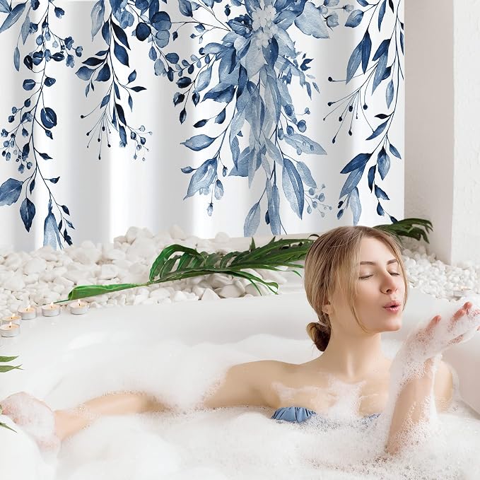 Navy Eucalyptus Shower Curtain, Watercolor Floral Print, 72x96 | Watercolor Plant Leaves Floral Print, Waterproof Fabric Bathroom Decor, Machine Washable, Rustproof Grommets