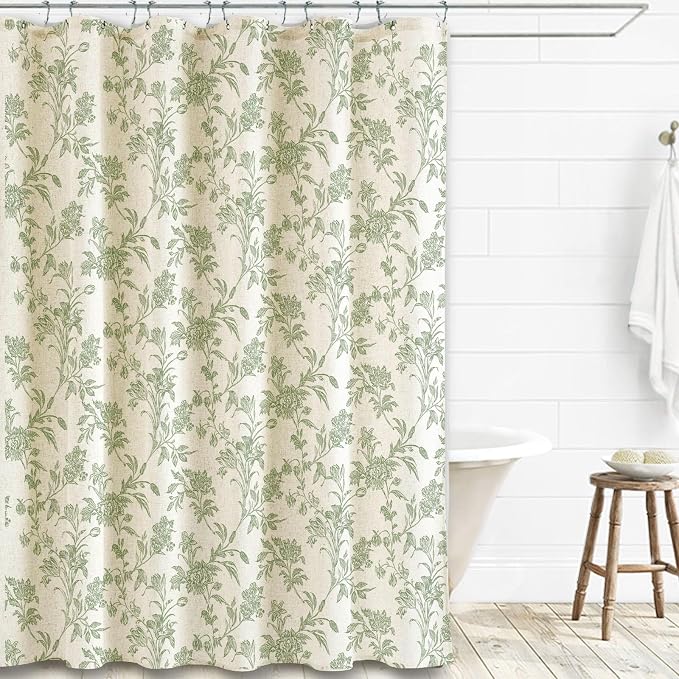 WOUVMA Extra Long Sage Green Shower Curtain Floral Cotton Linen Cottagecore Shower Curtain for Bathroom 72" W x 84" L